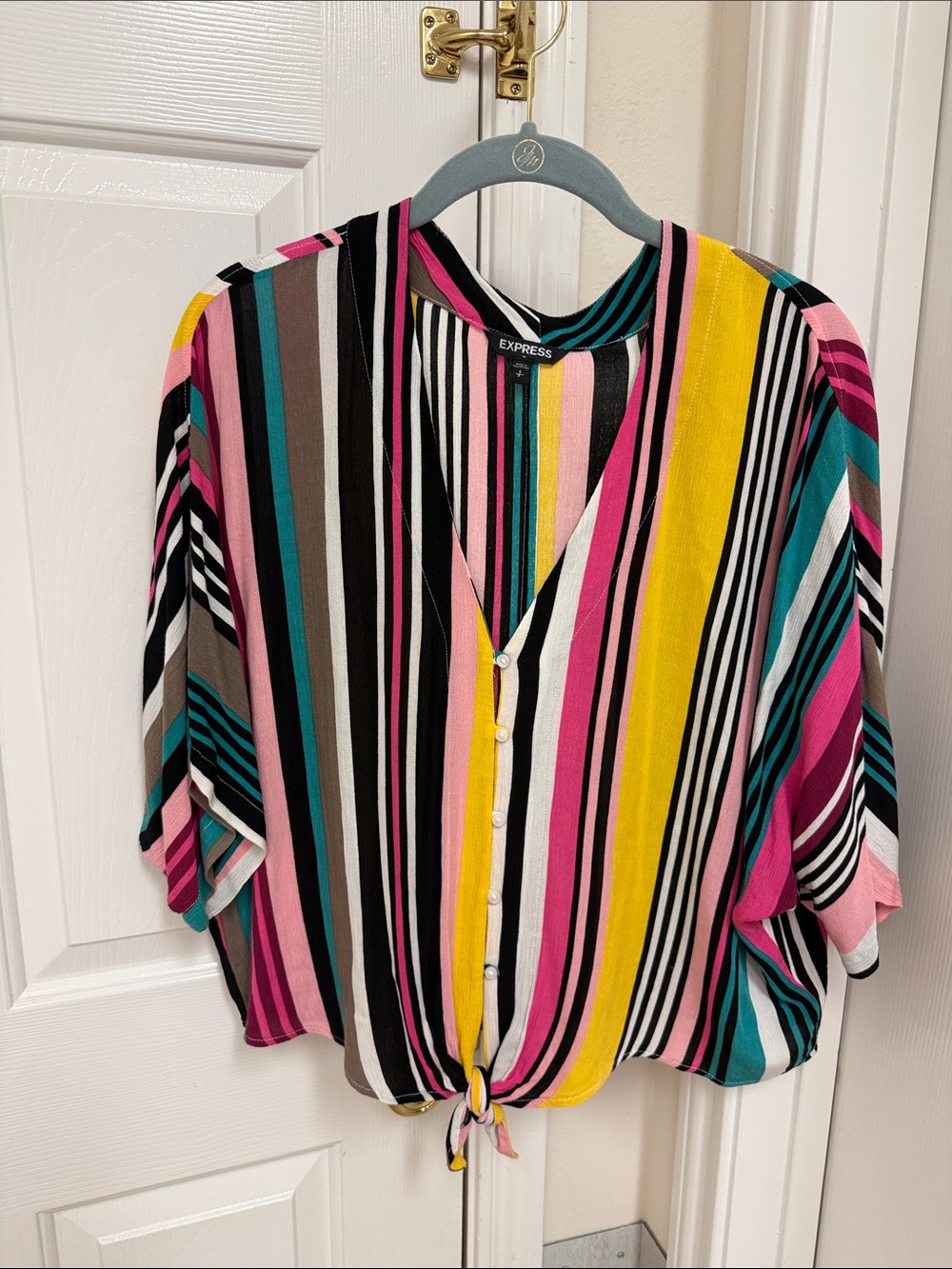 Express Multi-Color Striped Button-Front Tie Hem Top